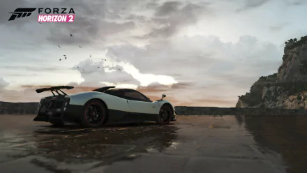 HD PC desktop wallpaper featuring a sleek sports car on a wet road under a cloudy sky from the video game Forza Horizon 2.