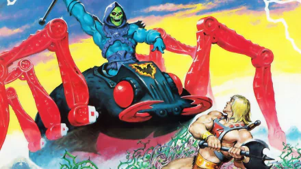 Comic-style HD desktop wallpaper featuring Skeletor riding a spider-like machine, confronting He-Man, from He-Man and the Masters of the Universe.