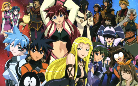 HD PC desktop wallpaper featuring vibrant characters from the anime Vandread, showcasing a diverse cast in dynamic poses against a cosmic background.