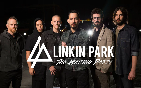 HD desktop wallpaper featuring the band Linkin Park, showcasing a group photo with the band's name and The Hunting Party text overlay.