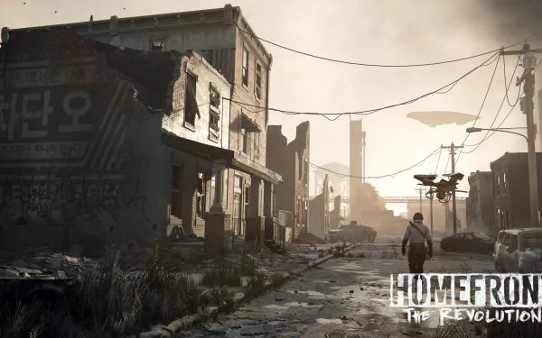HD PC desktop wallpaper depicting a post-apocalyptic urban scene from the video game Homefront: The Revolution, featuring a lone figure walking through a desolate street.