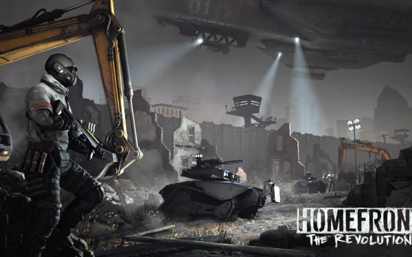 HD PC desktop wallpaper featuring a soldier, armored vehicles, and a war-torn environment from the video game Homefront: The Revolution.