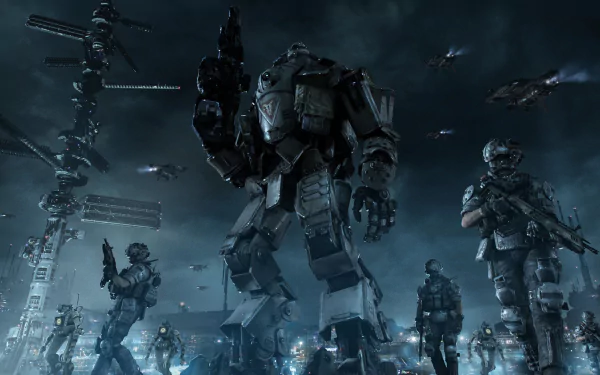 A dramatic HD wallpaper from the video game Titanfall, featuring towering mechs and soldiers amidst a dark, action-packed urban landscape with futuristic technology.