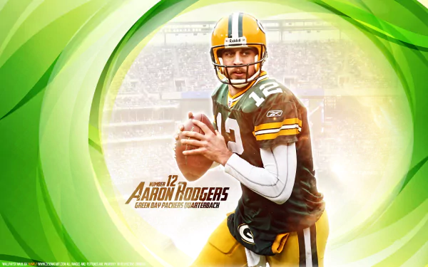 HD PC desktop wallpaper featuring NFL quarterback Aaron Rodgers in Green Bay Packers uniform, set against a dynamic green and yellow football-themed background.