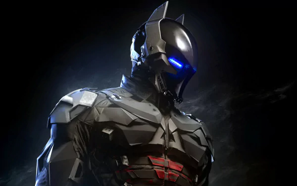 HD wallpaper of Arkham Knight (Jason Todd) from Batman: Arkham Knight, featuring armor design and glowing blue eyes against a dark background.