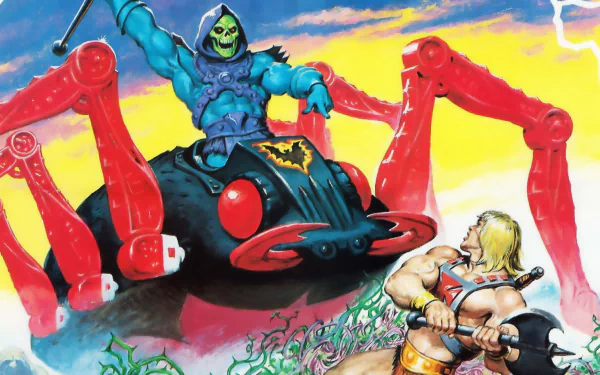 Comic-style HD desktop wallpaper featuring Skeletor riding a spider-like machine, confronting He-Man, from He-Man and the Masters of the Universe.