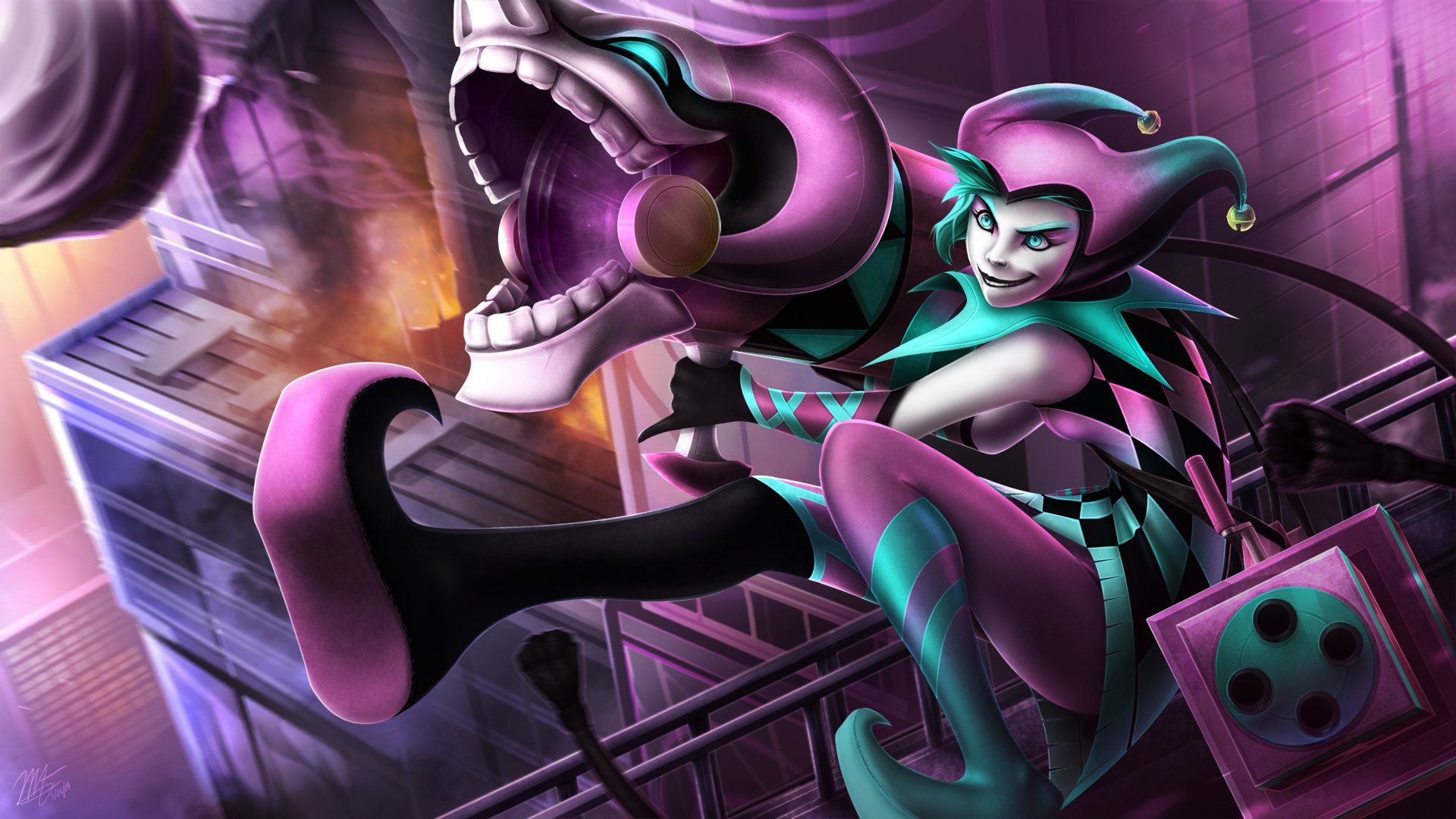 A vibrant HD wallpaper featuring Jinx from League of Legends, showcasing her playful and chaotic character design against a dramatic background.