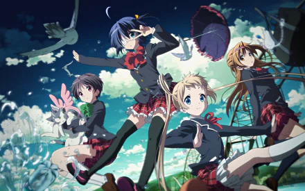 An HD desktop wallpaper featuring characters Sanae Dekomori, Shinka Nibutani, Kumin Tsuyuri, and Rikka Takanashi from the anime Love, Chunibyo & Other Delusions, set against a vibrant sky.
