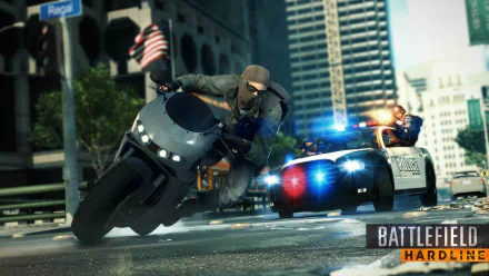 HD PC desktop wallpaper from the video game Battlefield: Hardline, featuring a high-speed motorcycle chase with a police car in an urban setting.