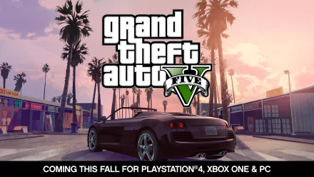 A vibrant HD desktop wallpaper featuring a sleek car against a sunset backdrop, branded with the Grand Theft Auto V logo, showcasing the excitement of the game.