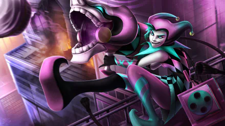 A vibrant HD wallpaper featuring Jinx from League of Legends, showcasing her playful and chaotic character design against a dramatic background.