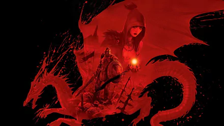 Dragon Age: Origins video game HD PC wallpaper: red-toned dragon coiling around a hooded mage clutching a glowing orb, with an armored warrior and swords in the background.