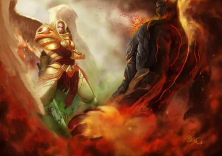 HD League of Legends PC wallpaper featuring Kayle and Brand in an intense fiery battle scene from the popular video game.