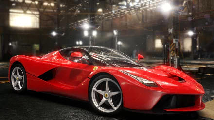 A striking HD wallpaper featuring a sleek red Ferrari LaFerrari in a dramatic setting, highlighting its supercar design and prowess, inspired by The Crew video game.