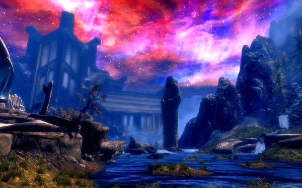 A stunning HD wallpaper from The Elder Scrolls V: Skyrim, depicting a mystical landscape with a vibrant, colorful sky and imposing rock formations, capturing the game's enchanting atmosphere.