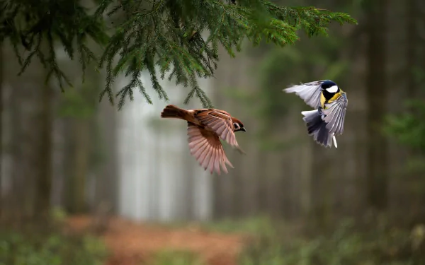 A great tit and a sparrow are captured in mid-flight against a misty forest backdrop, showcasing the beauty of wildlife in this high-definition desktop wallpaper.