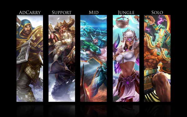 HD PC desktop wallpaper and background for the video game Smite: five vertical hero panels labeled ADCARRY, SUPPORT, MID, JUNGLE, SOLO with vibrant character art on a black backdrop.