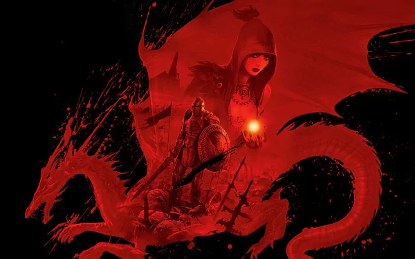 Dragon Age: Origins video game HD PC wallpaper: red-toned dragon coiling around a hooded mage clutching a glowing orb, with an armored warrior and swords in the background.