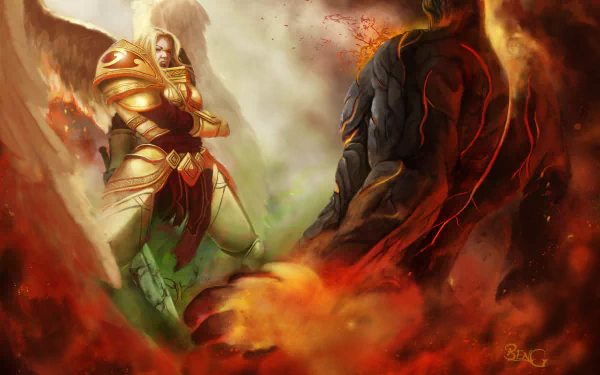 HD League of Legends PC wallpaper featuring Kayle and Brand in an intense fiery battle scene from the popular video game.