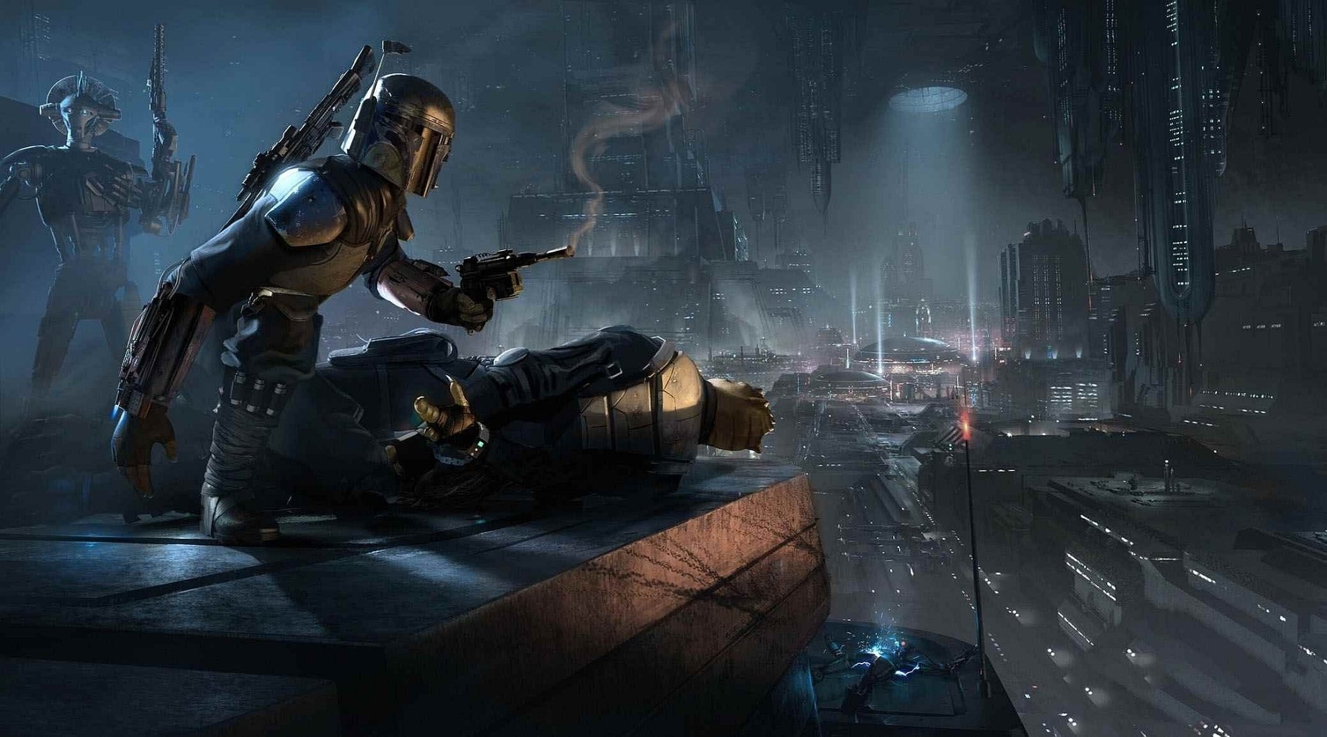 HD PC desktop wallpaper featuring a dark, futuristic cityscape from the video game Star Wars 1313 with a Mandalorian character overlooking the scene.