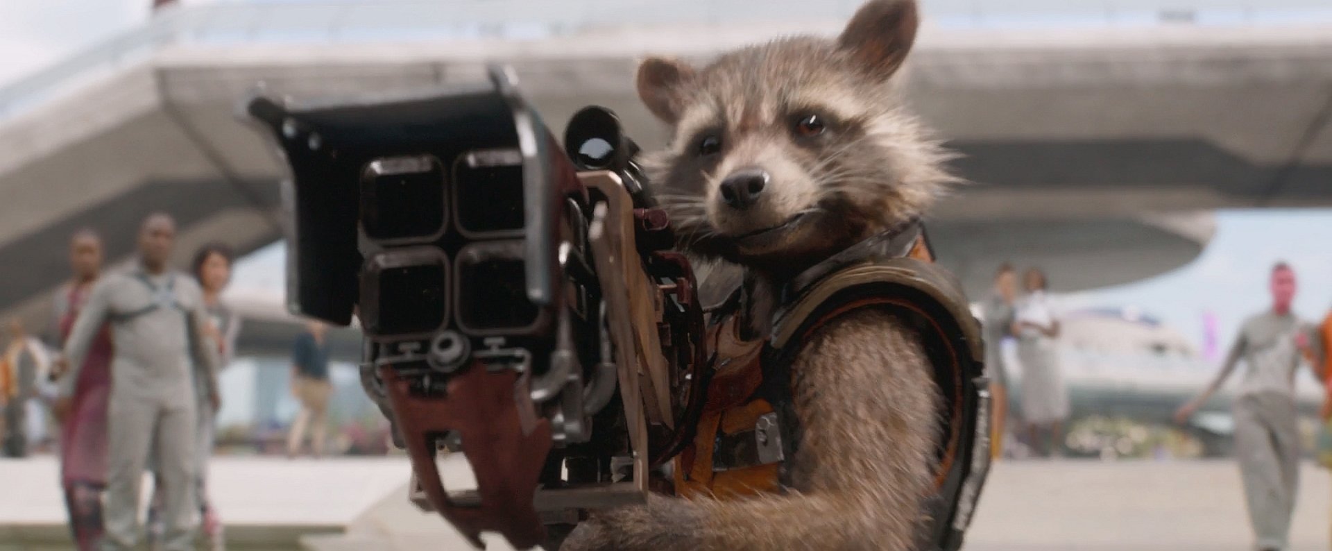 HD PC desktop wallpaper featuring Rocket Raccoon from the Guardians of the Galaxy movie, aiming a large futuristic weapon.