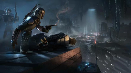 HD PC desktop wallpaper featuring a dark, futuristic cityscape from the video game Star Wars 1313 with a Mandalorian character overlooking the scene.