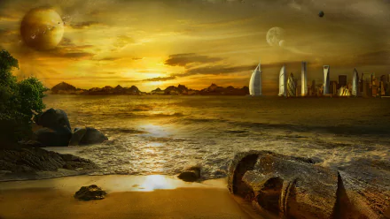 A fantasy landscape HD desktop wallpaper featuring an Easter Island-inspired coastline at sunset with alien planets in the sky and futuristic city structures in the distance.
