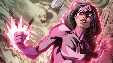 HD PC desktop wallpaper featuring a dynamic comic scene of a New Guardians superhero unleashing glowing energy with a shadowy monster in the background.