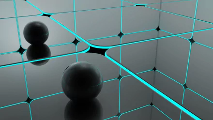 An abstract HD wallpaper featuring a black sphere set against a reflective surface, highlighted by glowing blue grid lines, creating a modern and sleek visual composition.