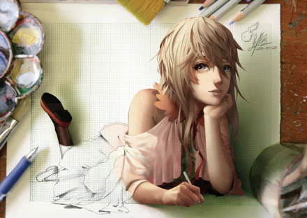 Anime-inspired 4K Ultra HD wallpaper depicting a thoughtful character lying on a dotted page, surrounded by art supplies, capturing a creative atmosphere.