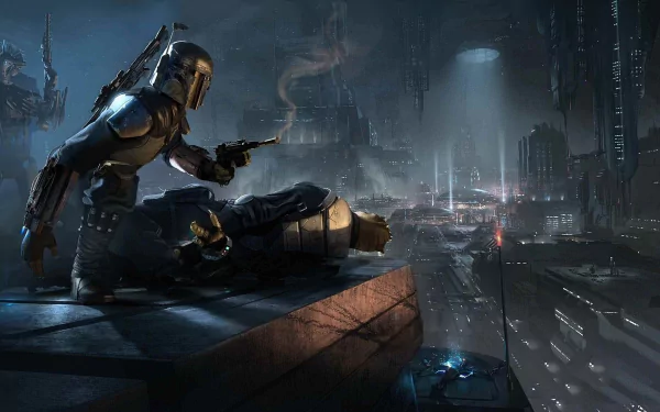 HD PC desktop wallpaper featuring a dark, futuristic cityscape from the video game Star Wars 1313 with a Mandalorian character overlooking the scene.