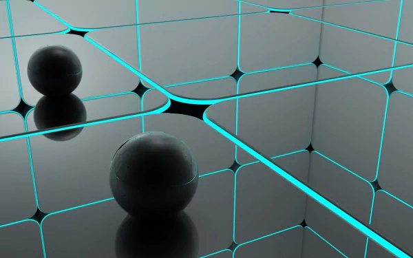 An abstract HD wallpaper featuring a black sphere set against a reflective surface, highlighted by glowing blue grid lines, creating a modern and sleek visual composition.