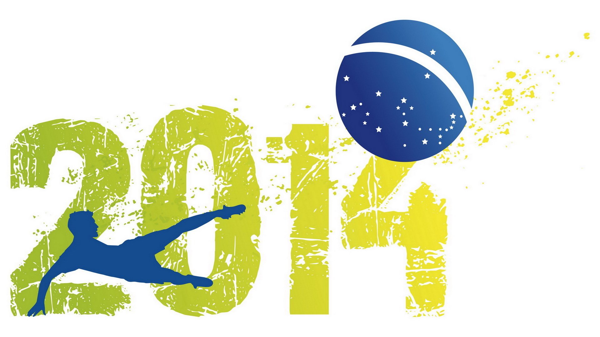 HD PC desktop wallpaper featuring a dynamic silhouette of a soccer player kicking a ball, with 2014 and Brazil 2014 FIFA World Cup branding in vibrant green and blue colors.