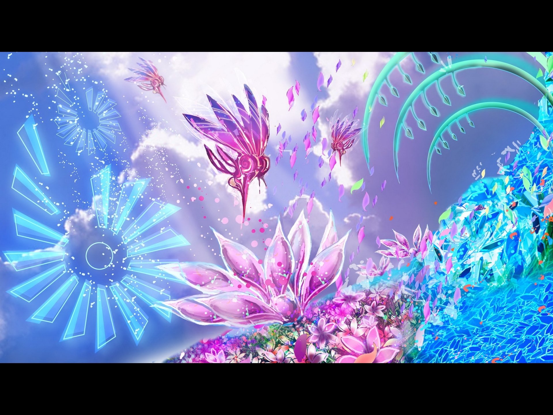 HD PC desktop wallpaper background from the video game Child of Eden: neon crystalline lotus, pink winged creatures and cyan geometric light bursts over a dreamy sky.