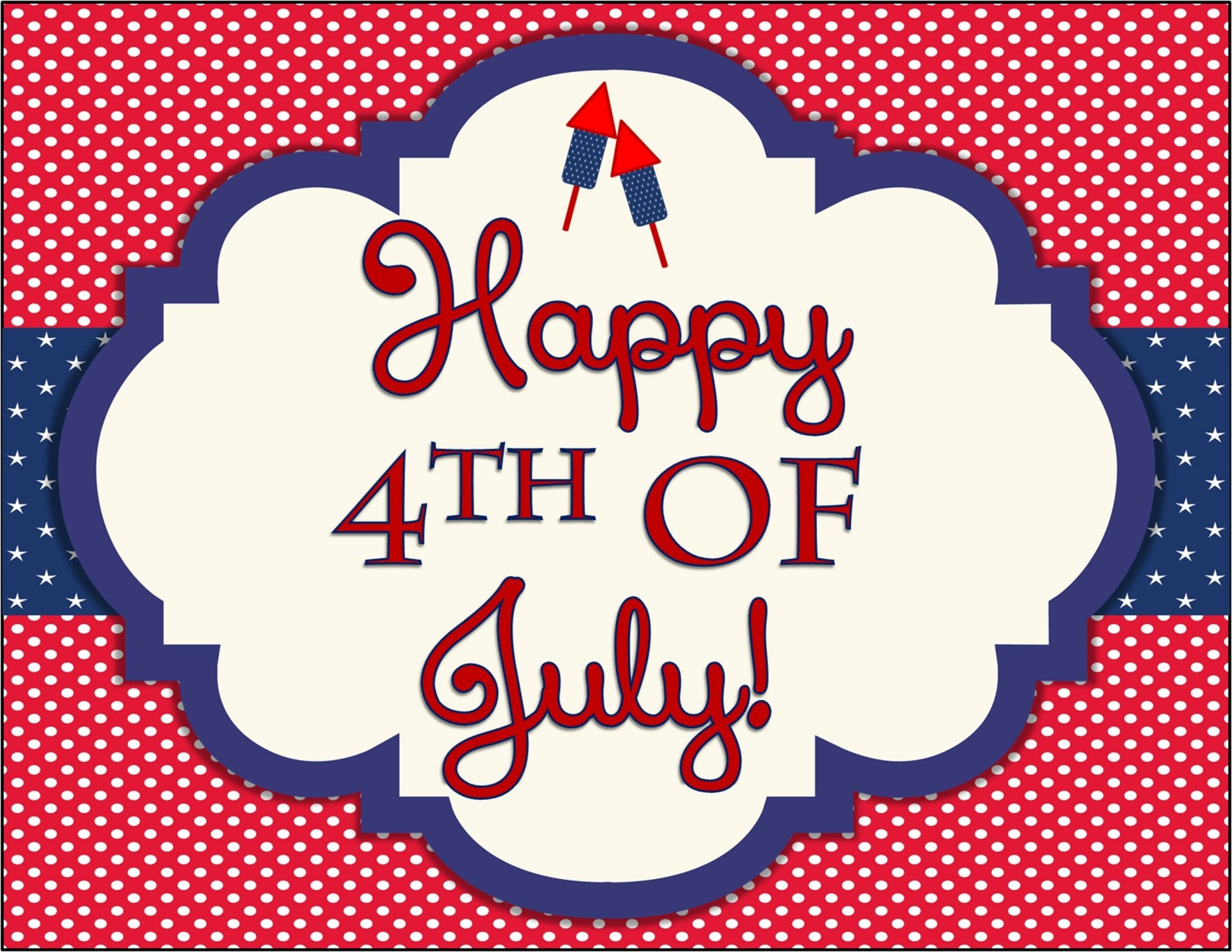 HD desktop wallpaper featuring a festive Happy 4th Of July! message with patriotic American colors and a rocket illustration.