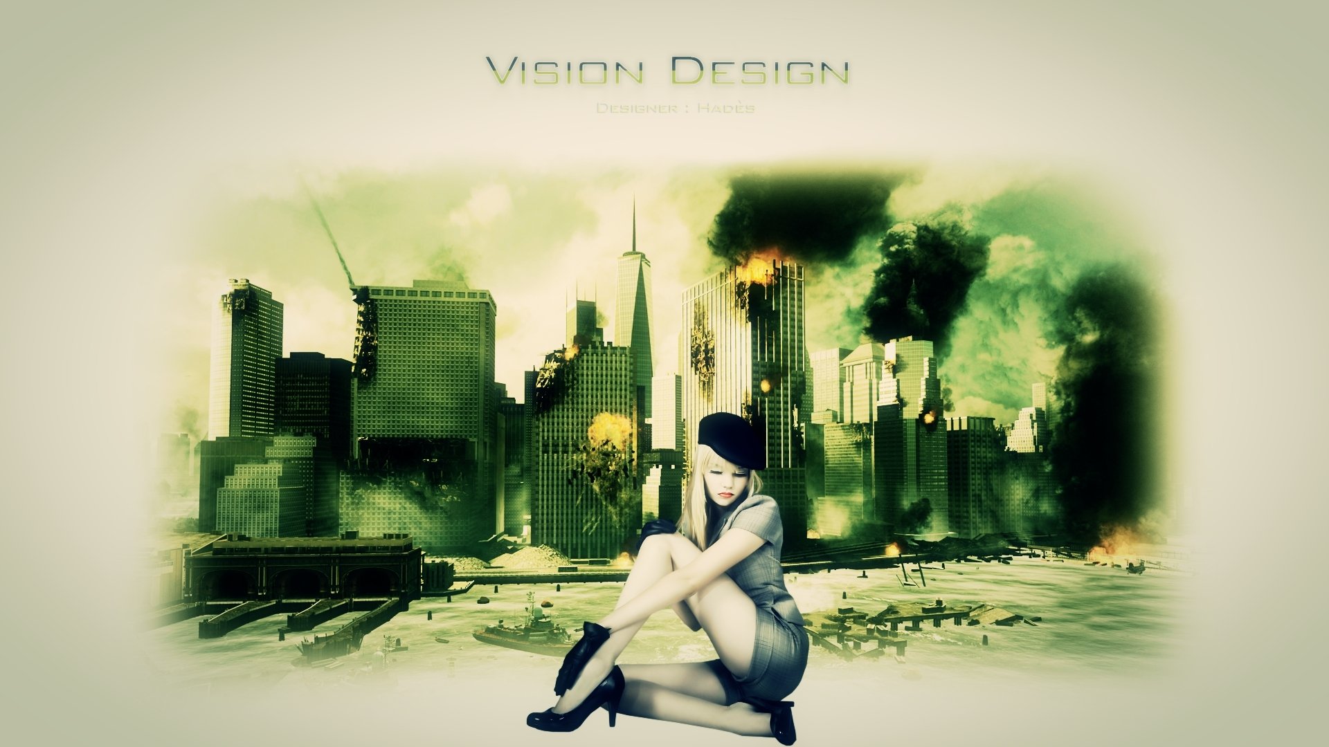 HD PC desktop wallpaper featuring a Call of Duty video game theme with a soldier sitting in front of a burning, militarized city skyline.