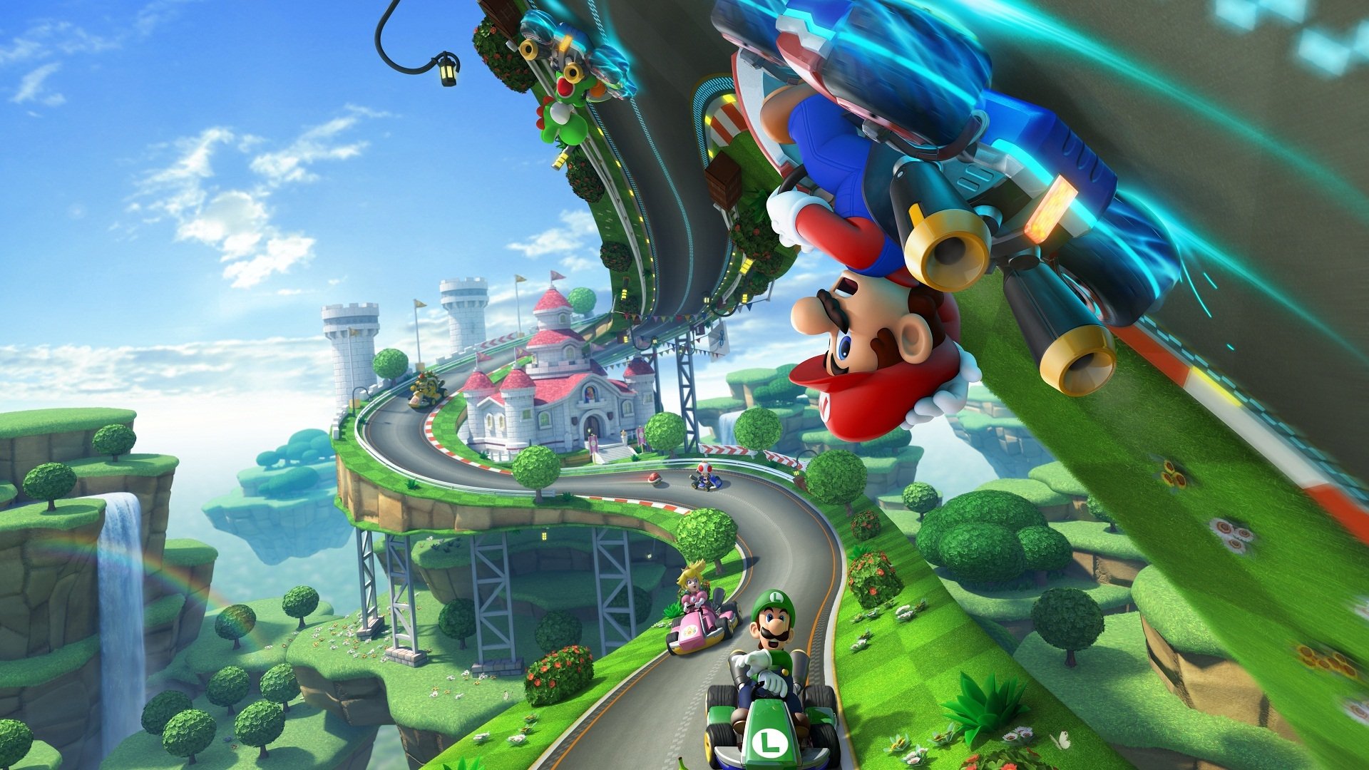 A vibrant HD wallpaper from Mario Kart 8, showcasing Mario racing on a twisting track with Luigi in the background, set against a whimsical landscape with castles and waterfalls.