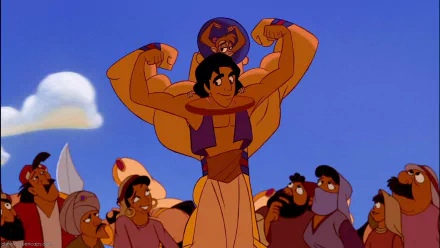 HD PC desktop wallpaper of Disney's Aladdin video game: Aladdin stands smiling as a muscular Genie poses behind him, a cheering crowd under a bright blue sky.