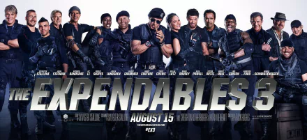 A dynamic HD wallpaper featuring the cast of The Expendables 3, including Kellan Lutz, Antonio Banderas, Terry Crews, and more, showcasing their action-packed ensemble.