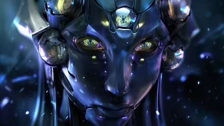 HD desktop wallpaper featuring a close-up of a highly detailed sci-fi robot head with illuminated eyes and a metallic blue skin, set against a starry background.