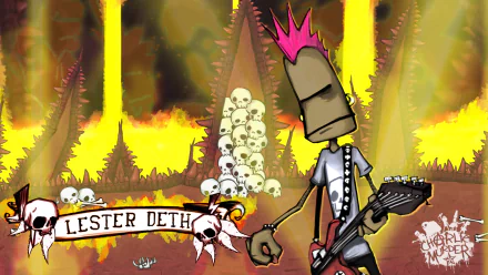 HD PC desktop wallpaper featuring a vibrant scene from the video game Charlie Murder, showcasing a punk character named Lester Deth with a guitar in a fiery, skull-filled environment.