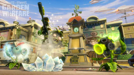 HD desktop wallpaper featuring Foot Soldier Zombie and Peashooter characters from the video game Plants vs. Zombies: Garden Warfare, set in a dynamic urban environment with a clock tower and graffiti.