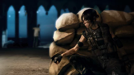 HD PC desktop wallpaper from the video game Beyond: Two Souls featuring a female character crouched behind sandbags in a dimly lit, arched stone interior.