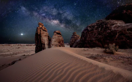 HD PC desktop wallpaper featuring a serene desert landscape under a starry night sky with visible Milky Way and rock formations, showcasing natural beauty.