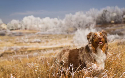 HD PC desktop wallpaper featuring a brown and white Border Collie standing in a frosty field with soft-focus winter trees in the background.