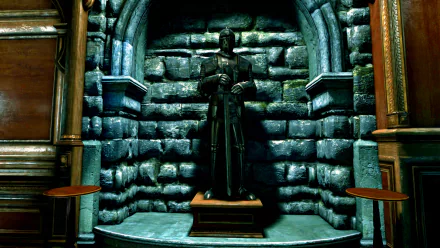 HD PC desktop wallpaper featuring a dark, medieval stone alcove with a knight statue holding a sword, inspired by the Thief video game series.
