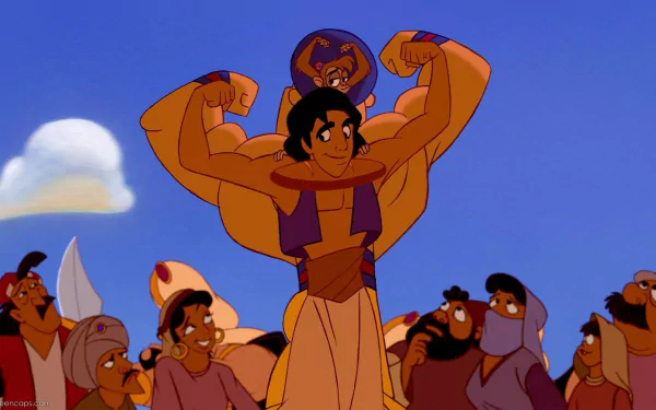 HD PC desktop wallpaper of Disney's Aladdin video game: Aladdin stands smiling as a muscular Genie poses behind him, a cheering crowd under a bright blue sky.