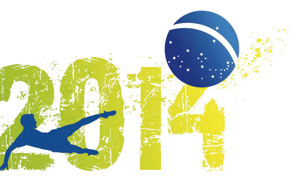 HD PC desktop wallpaper featuring a dynamic silhouette of a soccer player kicking a ball, with 2014 and Brazil 2014 FIFA World Cup branding in vibrant green and blue colors.