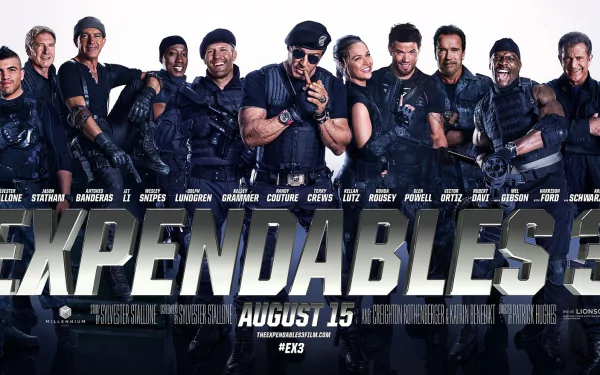 A dynamic HD wallpaper featuring the cast of The Expendables 3, including Kellan Lutz, Antonio Banderas, Terry Crews, and more, showcasing their action-packed ensemble.