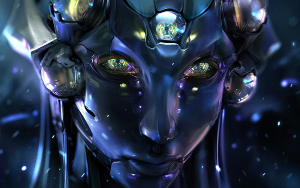 HD desktop wallpaper featuring a close-up of a highly detailed sci-fi robot head with illuminated eyes and a metallic blue skin, set against a starry background.
